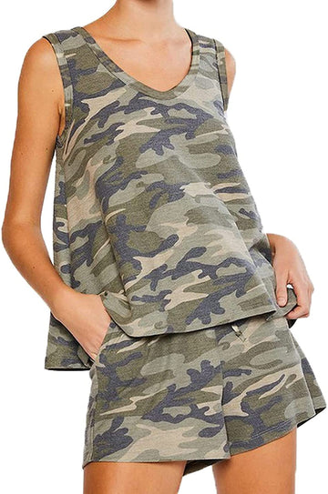 Womens Casual Sleeveless Tank With Shorts Sleepwear Set Nightwear Pj Set Loungewear With Pockets